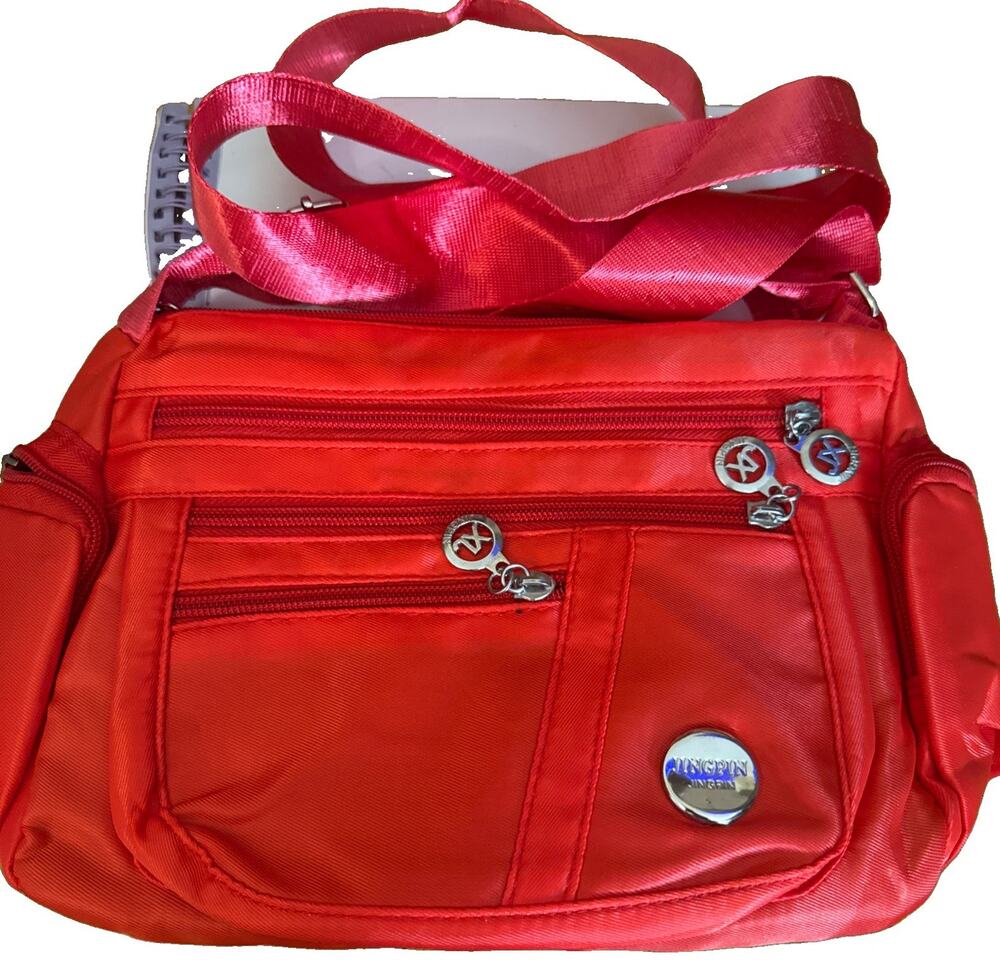 NWT Bold Red Nylon Waterproof Crossbody Bag Purse Adjustable Strap Zip Pockets